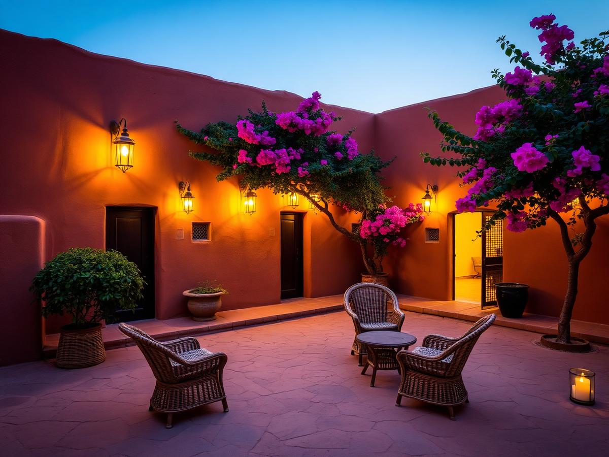 Patio d'un hôtel sahélien à la tombée du jour